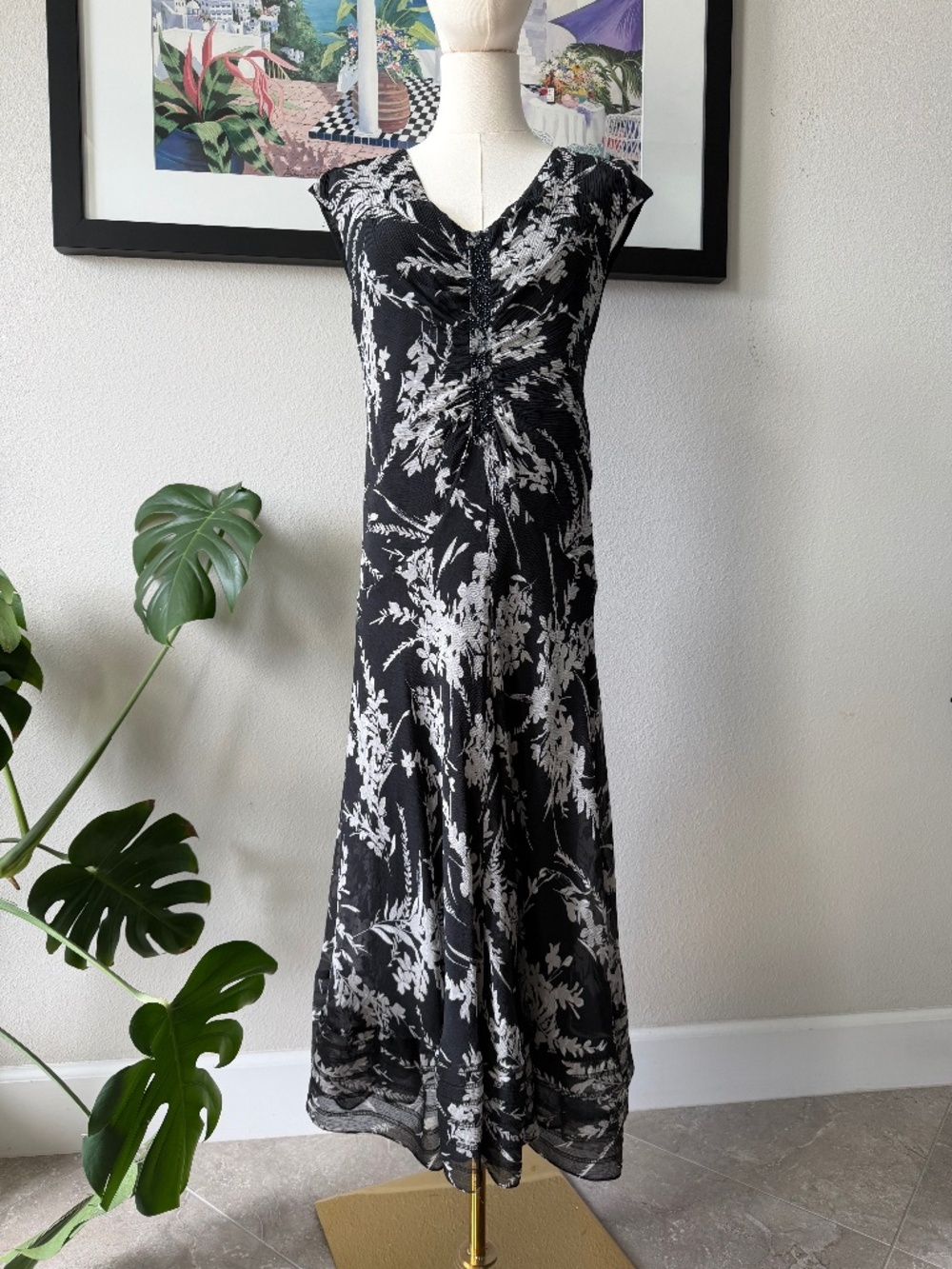STUNNING Jones New York Silk Beaded Lace Trim Black and White Summer Dress Sz 12